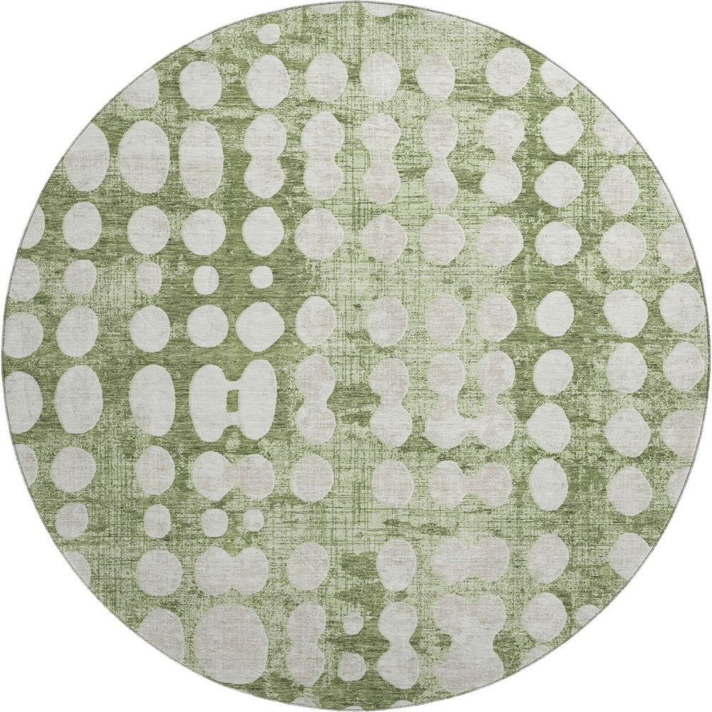 HomeRoots 8' Artichoke Green & Beige Polka Dot Washable Round Rug - UV Protected, Durable & Easy Care Design 669087
