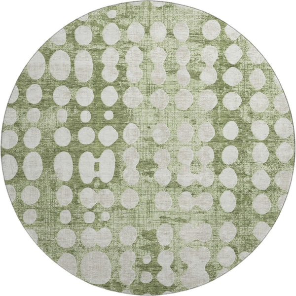 HomeRoots 8' Artichoke Green & Beige Polka Dot Washable Round Rug - UV Protected, Durable & Easy Care Design 669087