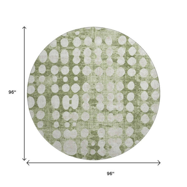 HomeRoots 8' Artichoke Green & Beige Polka Dot Washable Round Rug - UV Protected, Durable & Easy Care Design 669087