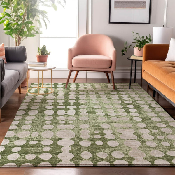 HomeRoots 8' X 10' Artichoke Green & Beige Polka Dot Washable Area Rug with UV Protection for High-Traffic Areas 669088