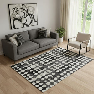 HomeRoots 5' X 8' Black And Ivory Polka Dot Washable Area Rug - Durable, UV-Protected, Ideal for Any Room 669092