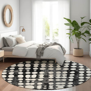HomeRoots 8' Black and Ivory Polka Dot Washable Round Rug - UV Protection, Stylish, Durable, Easy-Clean Design 669093