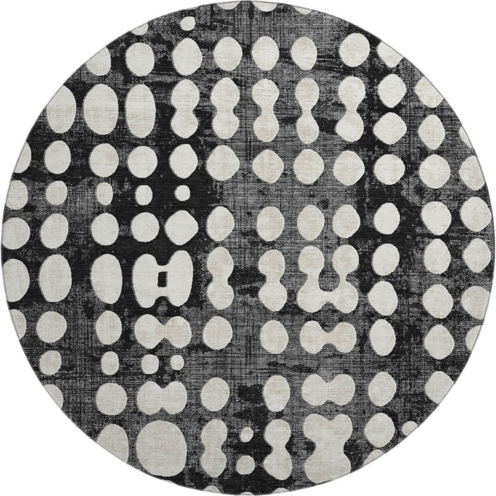 HomeRoots 8' Black and Ivory Polka Dot Washable Round Rug - UV Protection, Stylish, Durable, Easy-Clean Design 669093