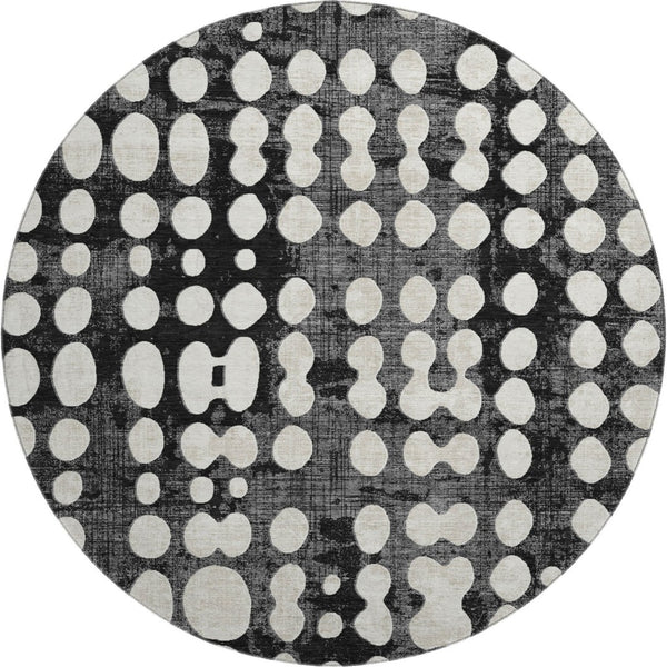 HomeRoots 8' Black and Ivory Polka Dot Washable Round Rug - UV Protection, Stylish, Durable, Easy-Clean Design 669093
