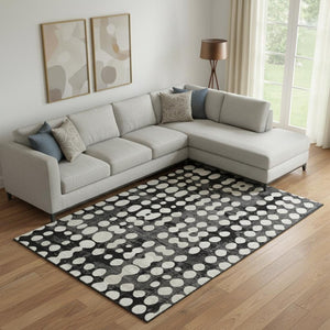 HomeRoots 8' X 10' Black And Ivory Polka Dot Area Rug - Durable, Washable, UV-Protected for Modern Homes 669094