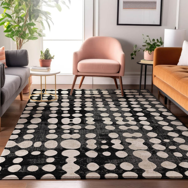 HomeRoots 9' X 12' Polka Dot Washable Area Rug - Stylish Black & Ivory Design with UV Protection & Comfort 669095