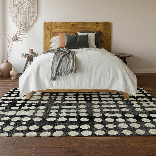 HomeRoots 9' X 12' Polka Dot Washable Area Rug - Stylish Black & Ivory Design with UV Protection & Comfort 669095