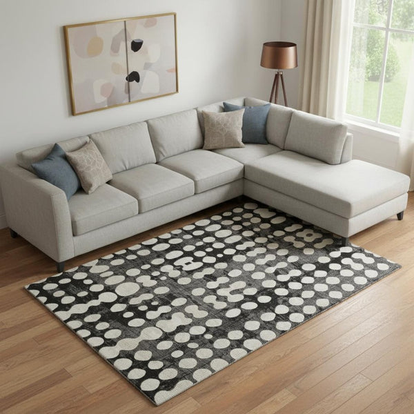 HomeRoots 10' X 14' Black And Ivory Polka Dot Washable Area Rug - Stylish, Stain-Resistant, UV Protected Comfort! 669096