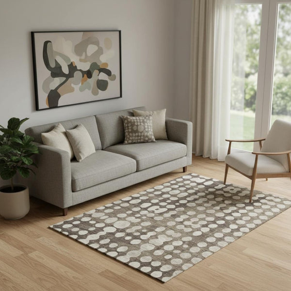 HomeRoots 5' Brown and Beige Polka Dot Area Rug - Washable, UV Protected, Durable Design for Family Spaces 669098