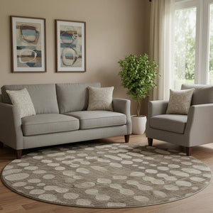 HomeRoots 8' Stylish Brown and Beige Polka Dot Washable Round Rug - UV Protected, Easy-Care, Perfect for Any Space! 669099