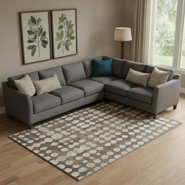 HomeRoots 10' X 14' Washable Polka Dot Area Rug in Brown & Beige - Durable, Stain Resistant with UV Protection 669102