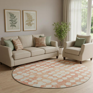 HomeRoots 8' Coral & Beige Polka Dot Washable Round Rug - Stylish, Stain-Resistant, UV Protected for Any Space! 669105