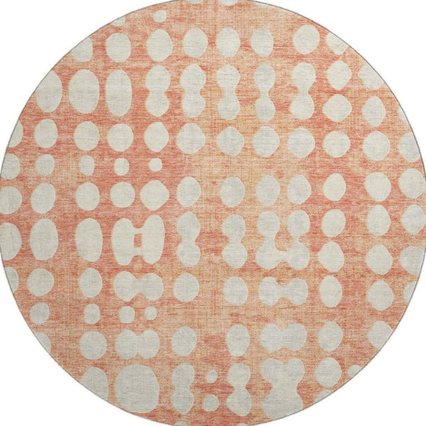 HomeRoots 8' Coral & Beige Polka Dot Washable Round Rug - Stylish, Stain-Resistant, UV Protected for Any Space! 669105