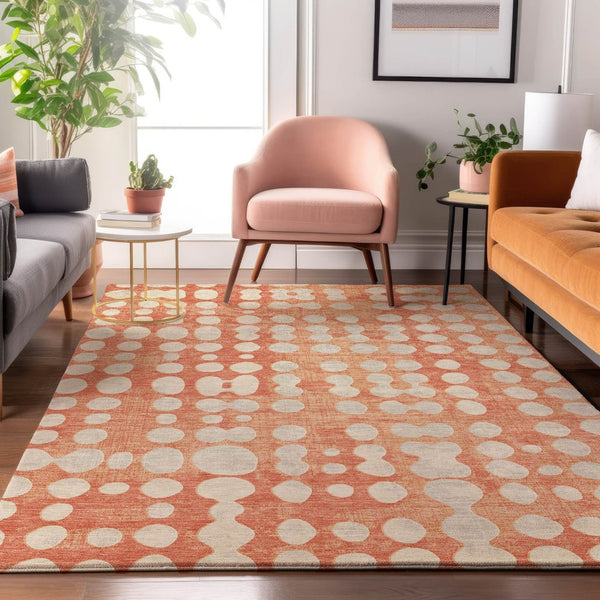 HomeRoots 9' X 12' Coral and Beige Polka Dot Washable Area Rug - UV Protected, Soft, Durable & Stylish Decor 669107