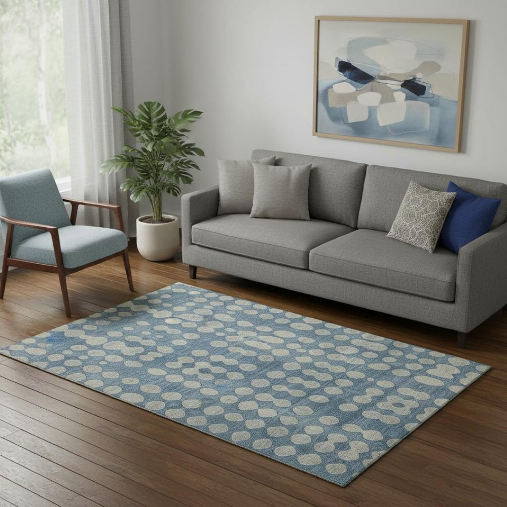 HomeRoots 5' X 8' Denim Blue Beige Polka Dot Area Rug - Washable, UV Protected, Ideal for High-Traffic Spaces 669110