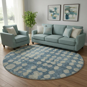 HomeRoots 8' Denim Blue & Beige Polka Dot Round Rug - Washable, UV-Protected, Durable for Kids & Pets! 669111