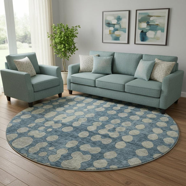 HomeRoots 8' Denim Blue & Beige Polka Dot Round Rug - Washable, UV-Protected, Durable for Kids & Pets! 669111
