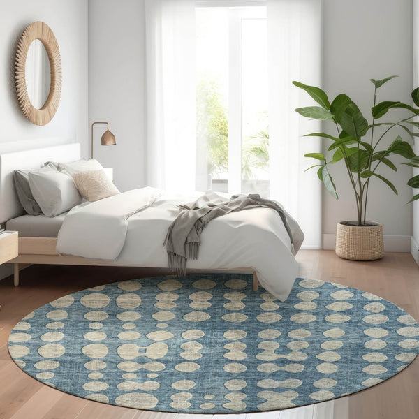 HomeRoots 8' Denim Blue & Beige Polka Dot Round Rug - Washable, UV-Protected, Durable for Kids & Pets! 669111
