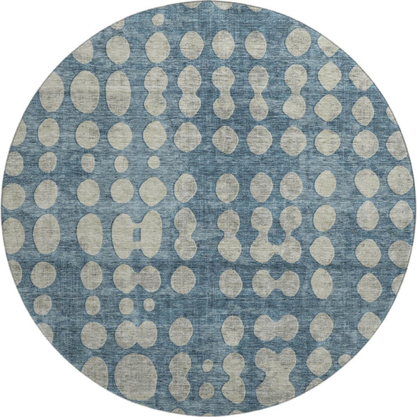 HomeRoots 8' Denim Blue & Beige Polka Dot Round Rug - Washable, UV-Protected, Durable for Kids & Pets! 669111