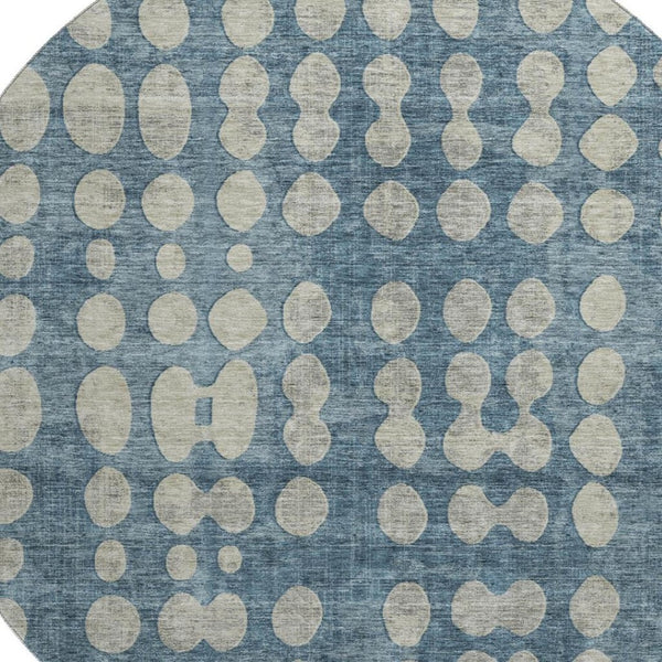 HomeRoots 8' Denim Blue & Beige Polka Dot Round Rug - Washable, UV-Protected, Durable for Kids & Pets! 669111