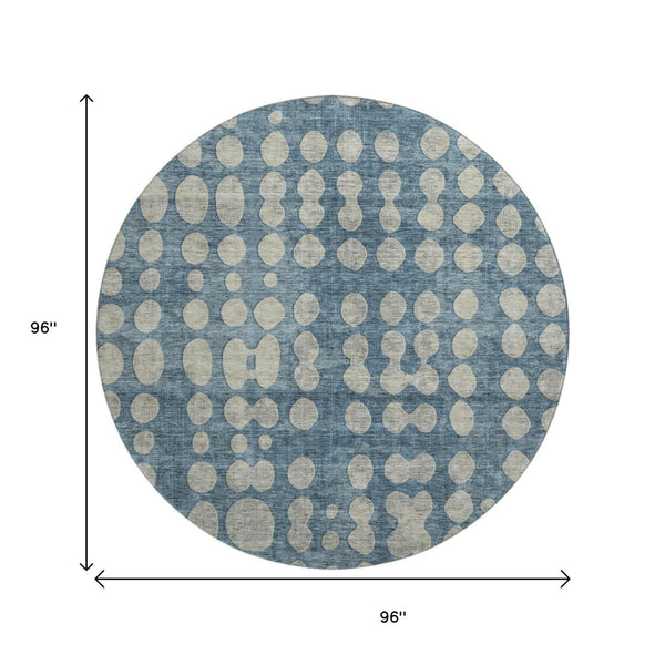 HomeRoots 8' Denim Blue & Beige Polka Dot Round Rug - Washable, UV-Protected, Durable for Kids & Pets! 669111