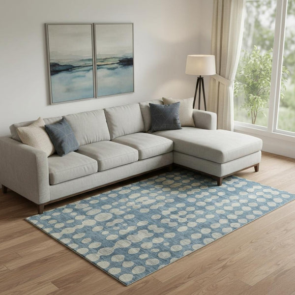 HomeRoots 8' X 10' Denim Blue & Beige Polka Dot Washable Area Rug - Stylish, Durable, UV-Protected & Safe! 669112