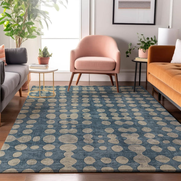 HomeRoots 8' X 10' Denim Blue & Beige Polka Dot Washable Area Rug - Stylish, Durable, UV-Protected & Safe! 669112