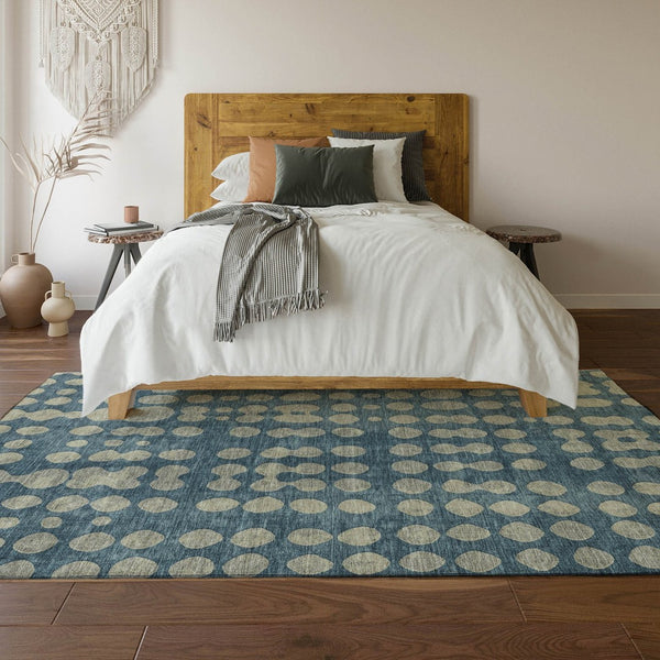 HomeRoots 8' X 10' Denim Blue & Beige Polka Dot Washable Area Rug - Stylish, Durable, UV-Protected & Safe! 669112