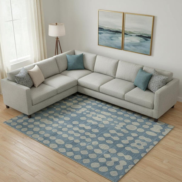 HomeRoots 10' Denim Blue & Beige Polka Dot Area Rug - Washable, UV Protected, Durable for Family Spaces! 669114