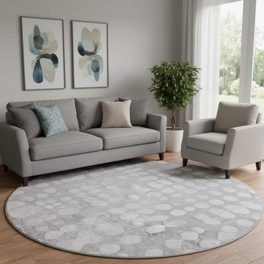 HomeRoots 8' Gray and Ivory Polka Dot Washable Round Rug – Durable, Stain-Resistant & UV-Protected for Homes 669117