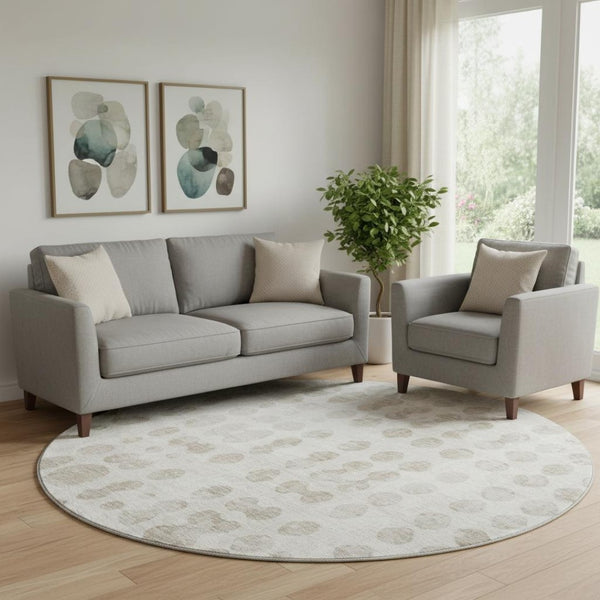 HomeRoots 8' Ivory and Beige Polka Dot Washable Round Rug - Stylish, Stain-Resistant, UV-Protected Flooring Solution! 669123