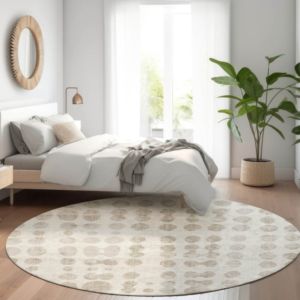 HomeRoots 8' Ivory and Beige Polka Dot Washable Round Rug - Stylish, Stain-Resistant, UV-Protected Flooring Solution! 669123