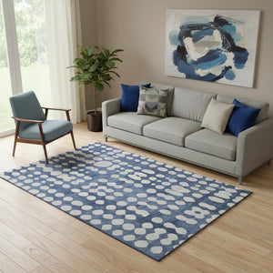 HomeRoots 5' X 8' Navy Blue Polka Dot Washable Area Rug - Stain Resistant, UV Protected, Soft & Durable Design 669128