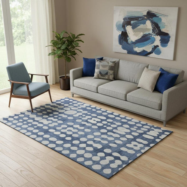 HomeRoots 5' X 8' Navy Blue Polka Dot Washable Area Rug - Stain Resistant, UV Protected, Soft & Durable Design 669128