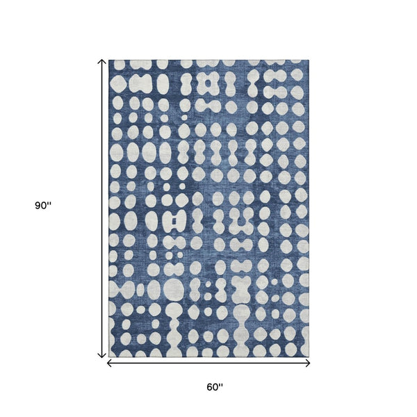 HomeRoots 5' X 8' Navy Blue Polka Dot Washable Area Rug - Stain Resistant, UV Protected, Soft & Durable Design 669128