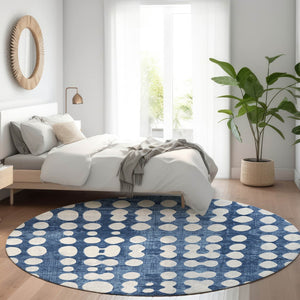 HomeRoots 8' Navy Blue & Ivory Polka Dot Round Rug - Washable, UV-Protected, Durable for Home & Outdoor Use! 669129