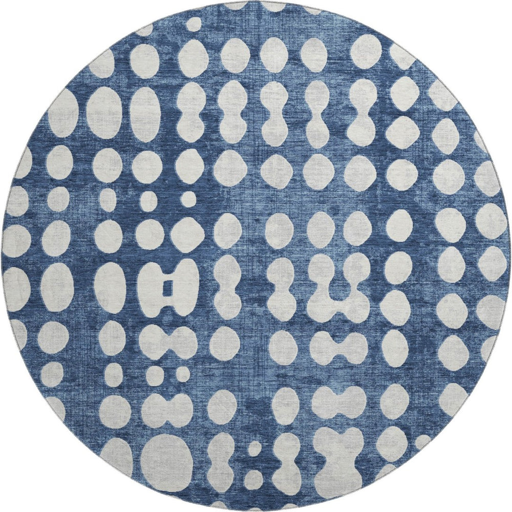 HomeRoots 8' Navy Blue & Ivory Polka Dot Round Rug - Washable, UV-Protected, Durable for Home & Outdoor Use! 669129