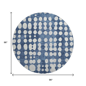 HomeRoots 8' Navy Blue & Ivory Polka Dot Round Rug - Washable, UV-Protected, Durable for Home & Outdoor Use! 669129