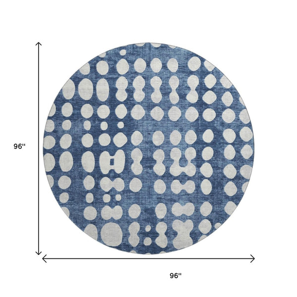 HomeRoots 8' Navy Blue & Ivory Polka Dot Round Rug - Washable, UV-Protected, Durable for Home & Outdoor Use! 669129