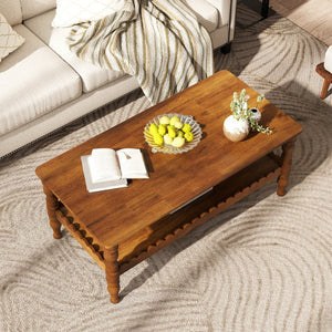 English Elm Rectangle Two Tier Farmhouse Coffee Table Solid Wood Legs Wave Shelf for Living Room W2263P426698