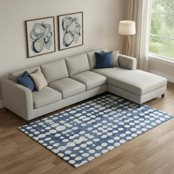 HomeRoots 8' X 10' Navy Blue Polka Dot Area Rug - Washable, UV-Protected, Stain-Resistant for Family Spaces 669130