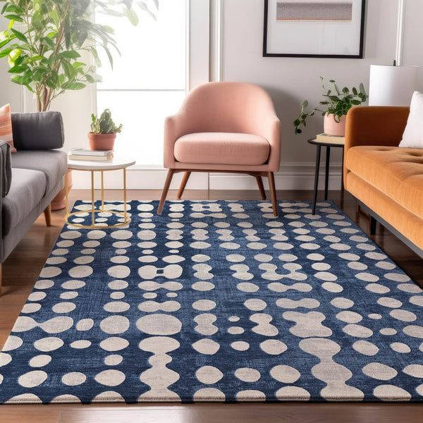 HomeRoots 8' X 10' Navy Blue Polka Dot Area Rug - Washable, UV-Protected, Stain-Resistant for Family Spaces 669130