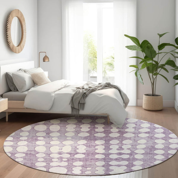 HomeRoots 8' Cheerful Purple & Ivory Polka Dot Round Rug - Washable, UV Protected, Perfect for Kids & Pets! 669135