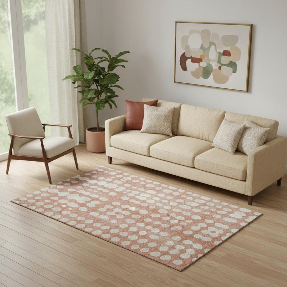 HomeRoots 5' X 8' Salmon and Ivory Polka Dot Area Rug – Stylish, Washable, UV-Protected for Family Spaces! 669140