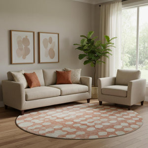 HomeRoots 8' Salmon Polka Dot Round Rug - Washable, UV-Protected, Durable Design for High-Traffic Areas 669141