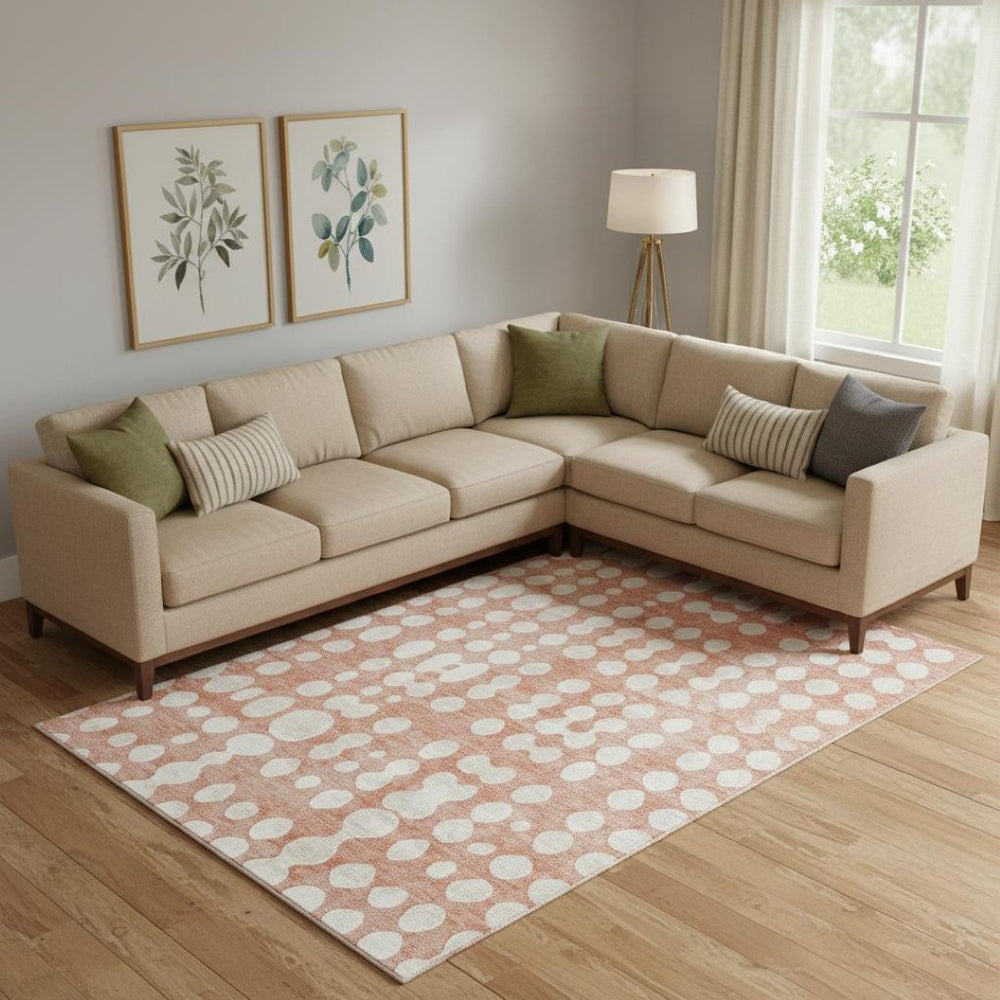 HomeRoots 8' X 10' Salmon & Ivory Polka Dot Area Rug - Washable, UV-Protected, Durable for Family Spaces 669142