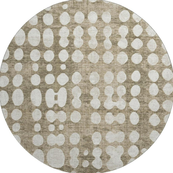 HomeRoots 8' Taupe and Ivory Polka Dot Round Rug – Washable, UV-Protected, Durable for High-Traffic Areas 669147
