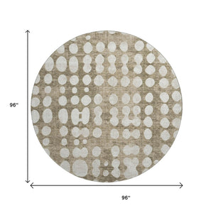HomeRoots 8' Taupe and Ivory Polka Dot Round Rug – Washable, UV-Protected, Durable for High-Traffic Areas 669147