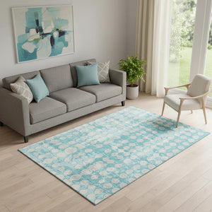 HomeRoots 5' Teal and Ivory Polka Dot Area Rug – Washable, UV-Protected, Stain-Resistant, Perfect for Families! 669152