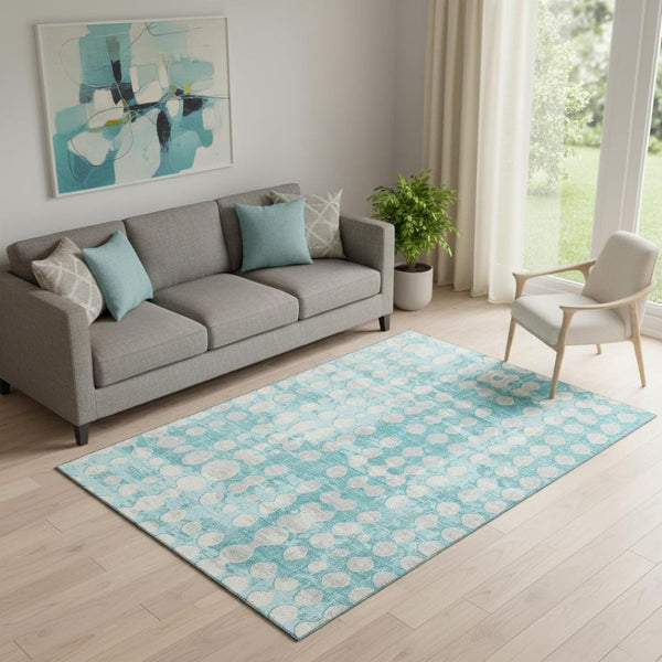 HomeRoots 5' Teal and Ivory Polka Dot Area Rug – Washable, UV-Protected, Stain-Resistant, Perfect for Families! 669152